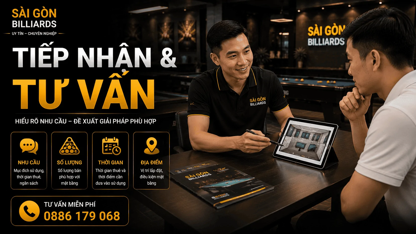Tiếp nhận nhu cầu v&agrave; tư vấn thu&ecirc; b&agrave;n bida