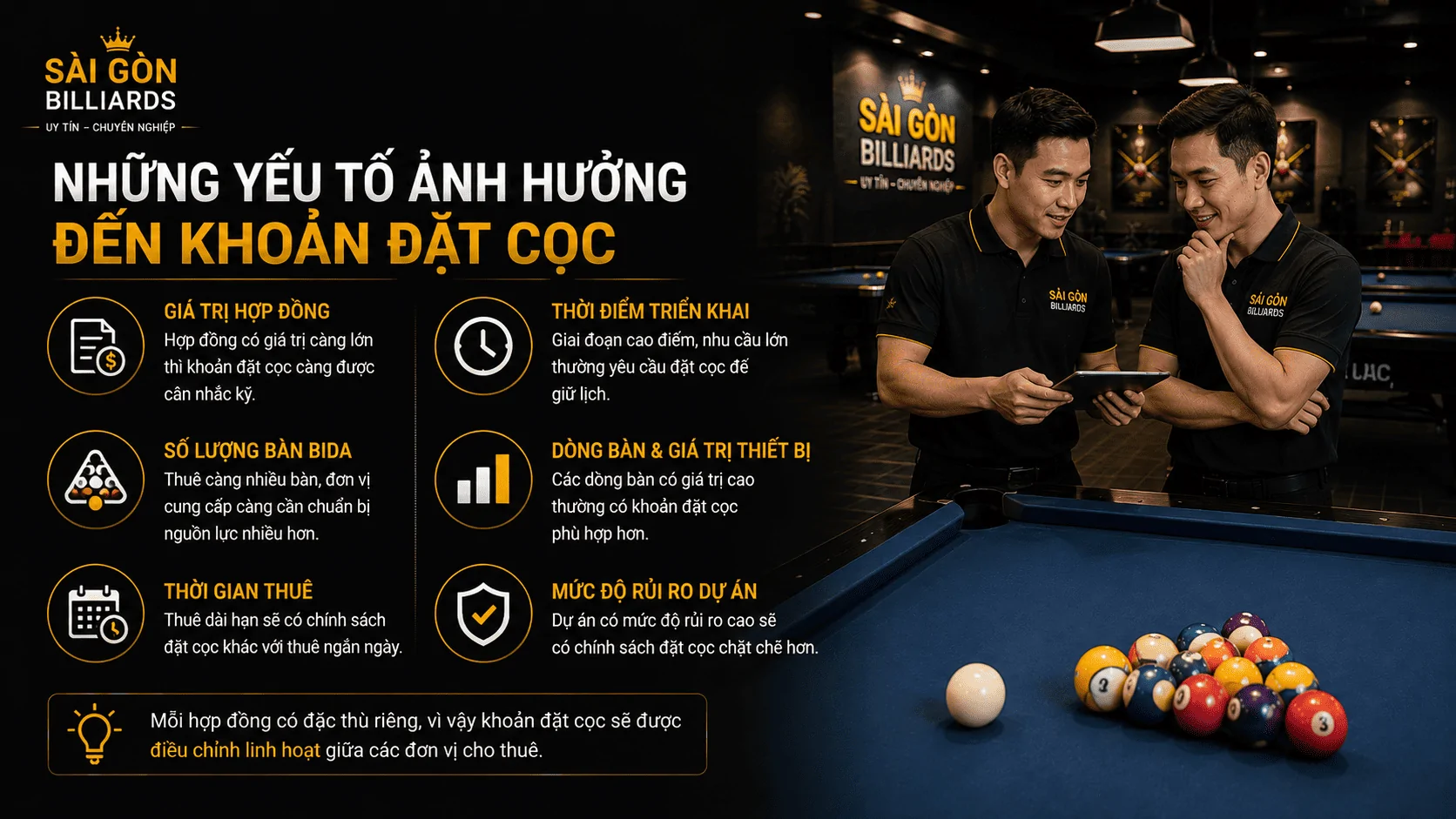 Những yếu tố ảnh hưởng đến khoản đặt cọc thu&ecirc; b&agrave;n bida