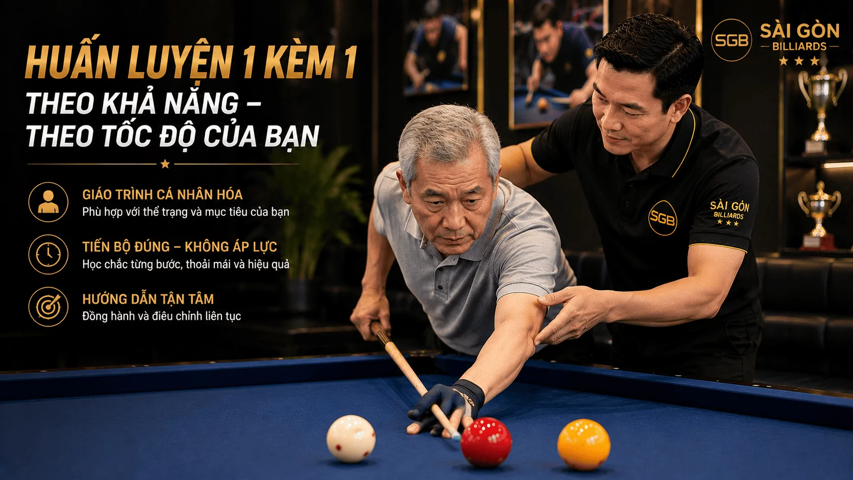 Huấn luyện Bida Libre 1 k&egrave;m 1 cho người lớn tuổi