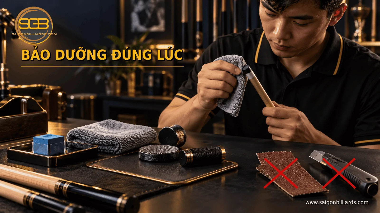 bảo dưỡng đầu cơ bida bằng phấn v&agrave; dụng cụ tạo nh&aacute;m ph&ugrave; hợp
