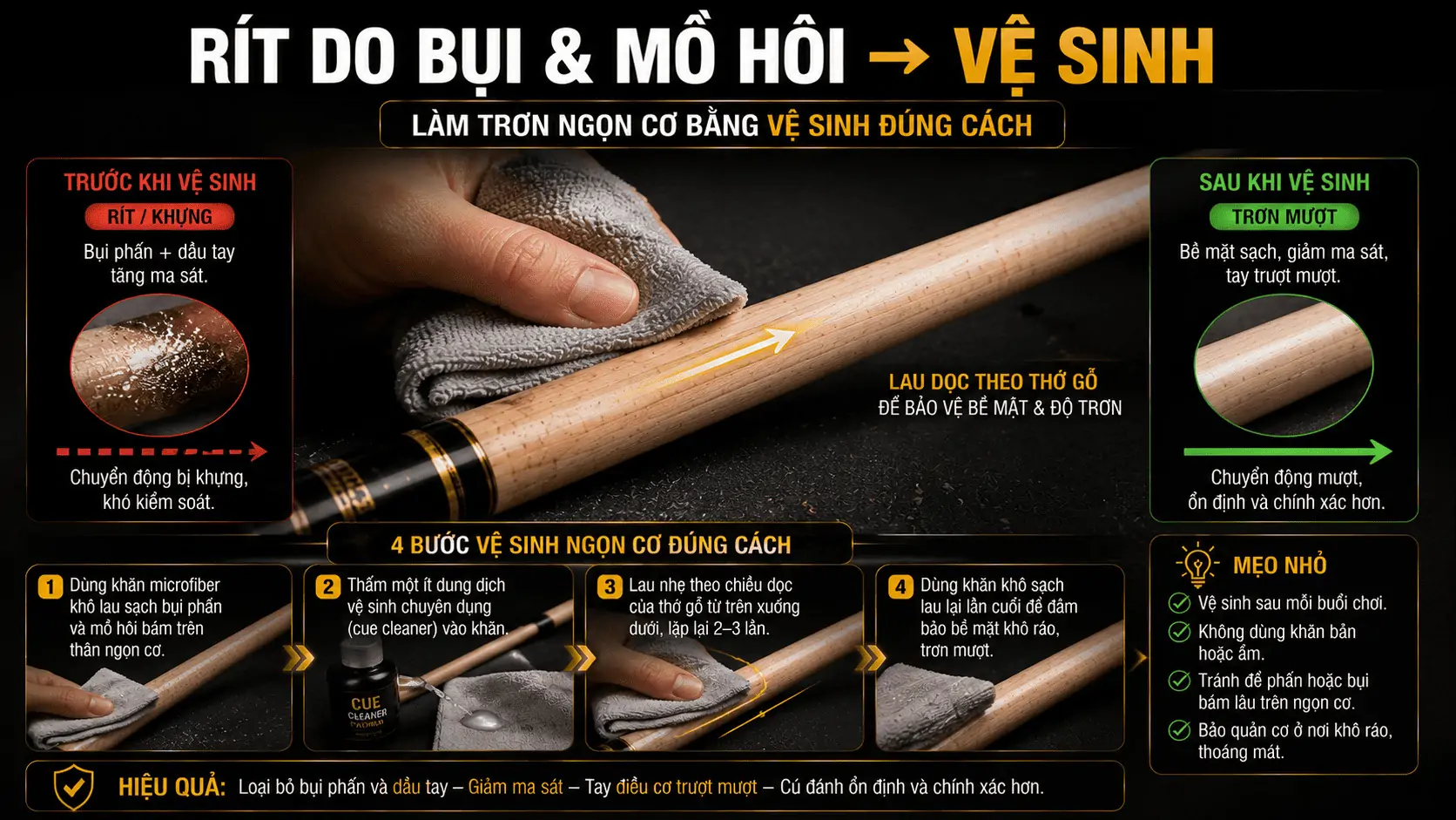 L&agrave;m trơn ngọn cơ bida bằng c&aacute;ch vệ sinh đ&uacute;ng kỹ thuật