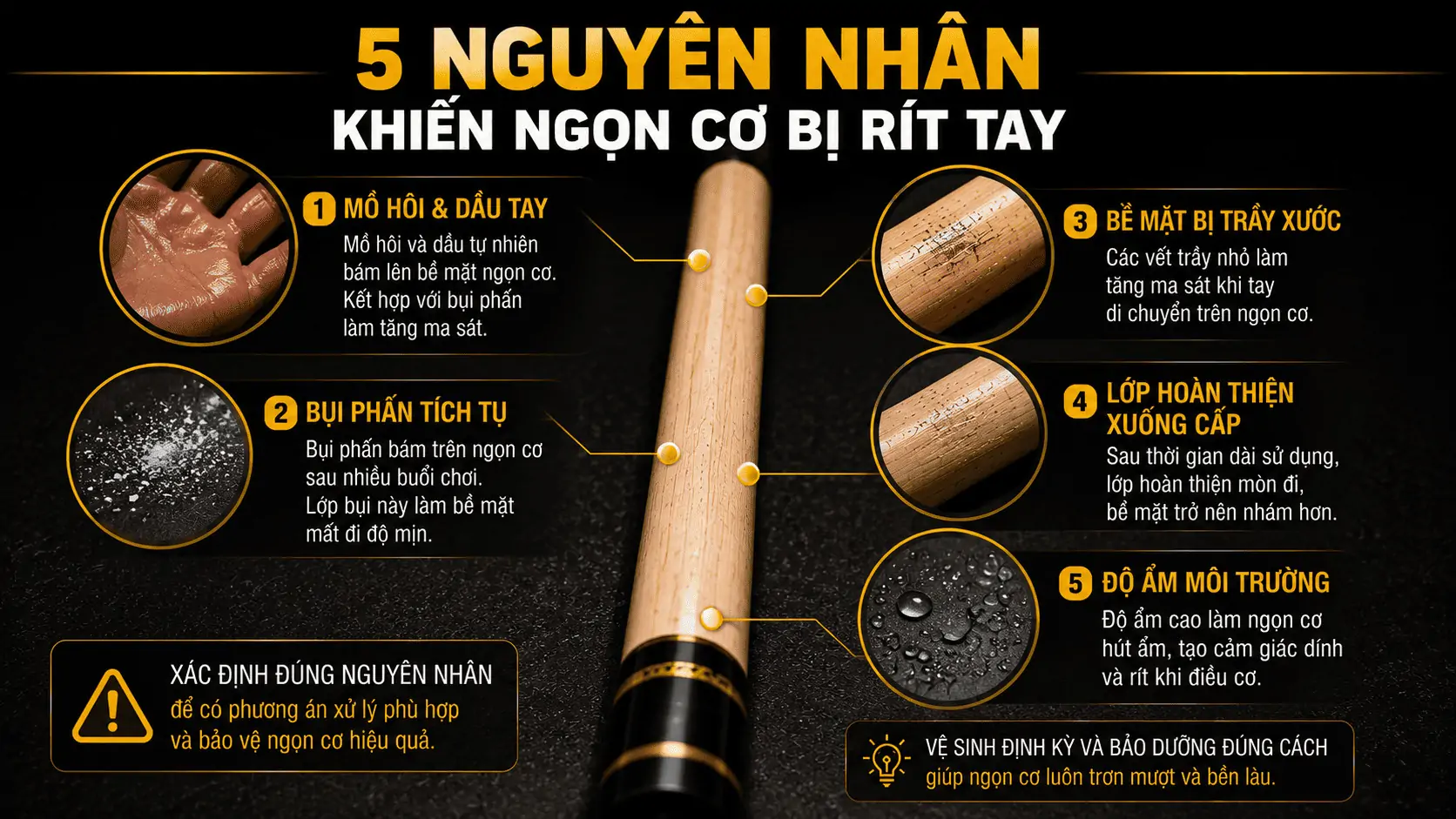 Những nguy&ecirc;n nh&acirc;n khiến ngọn cơ bida bị r&iacute;t tay