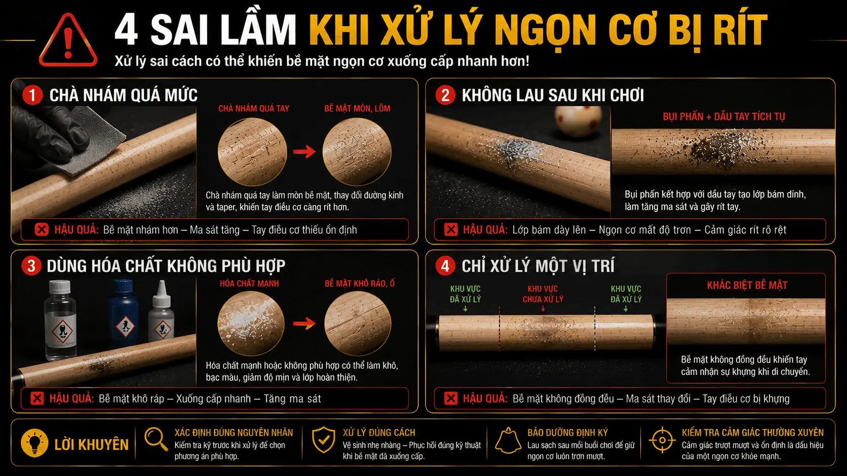 Những sai lầm khiến ngọn cơ bida c&agrave;ng bị r&iacute;t tay